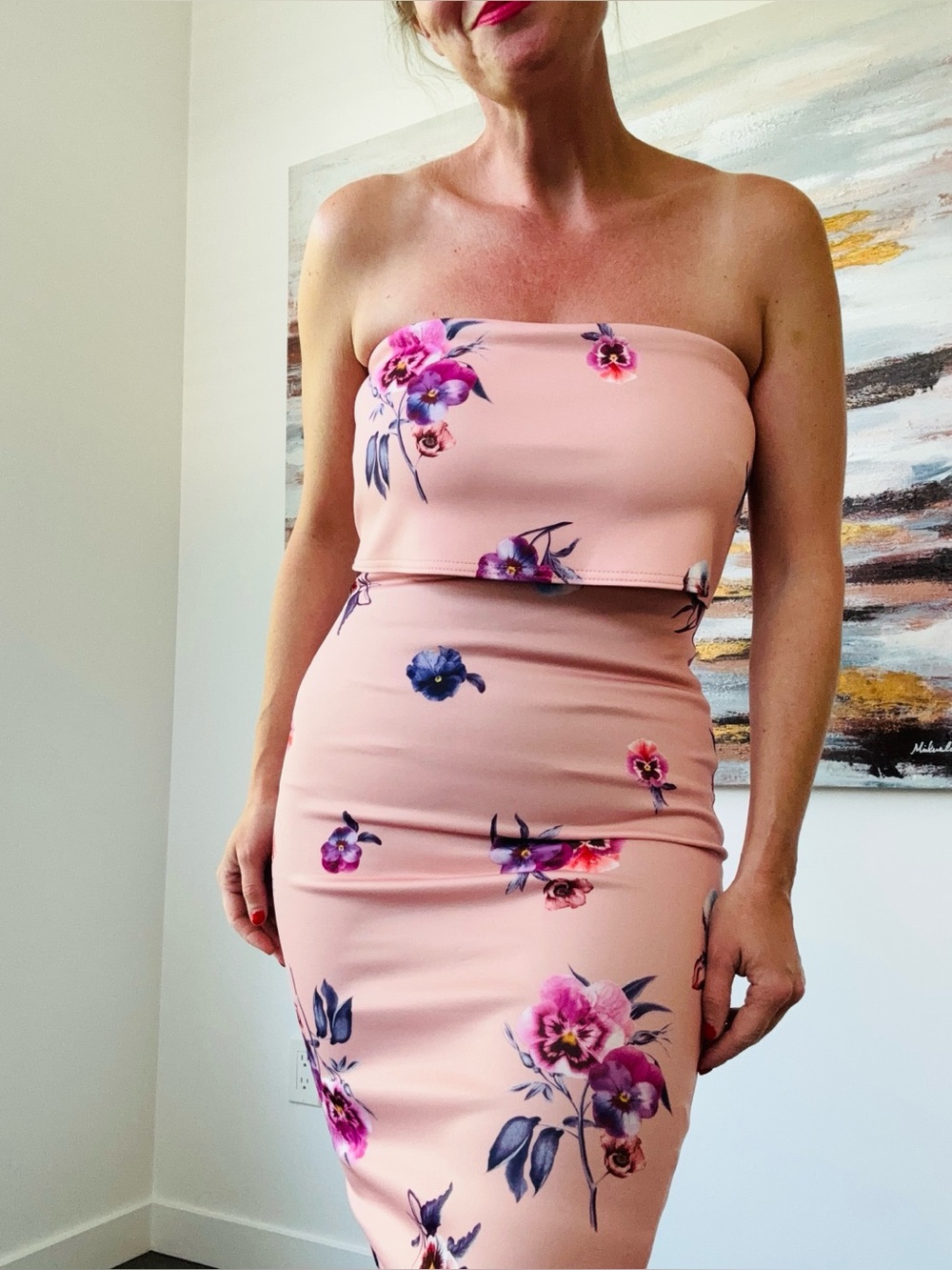 ASOS Floral Strapless Fold-Over Midi Bodycon Dress Pink Size 6